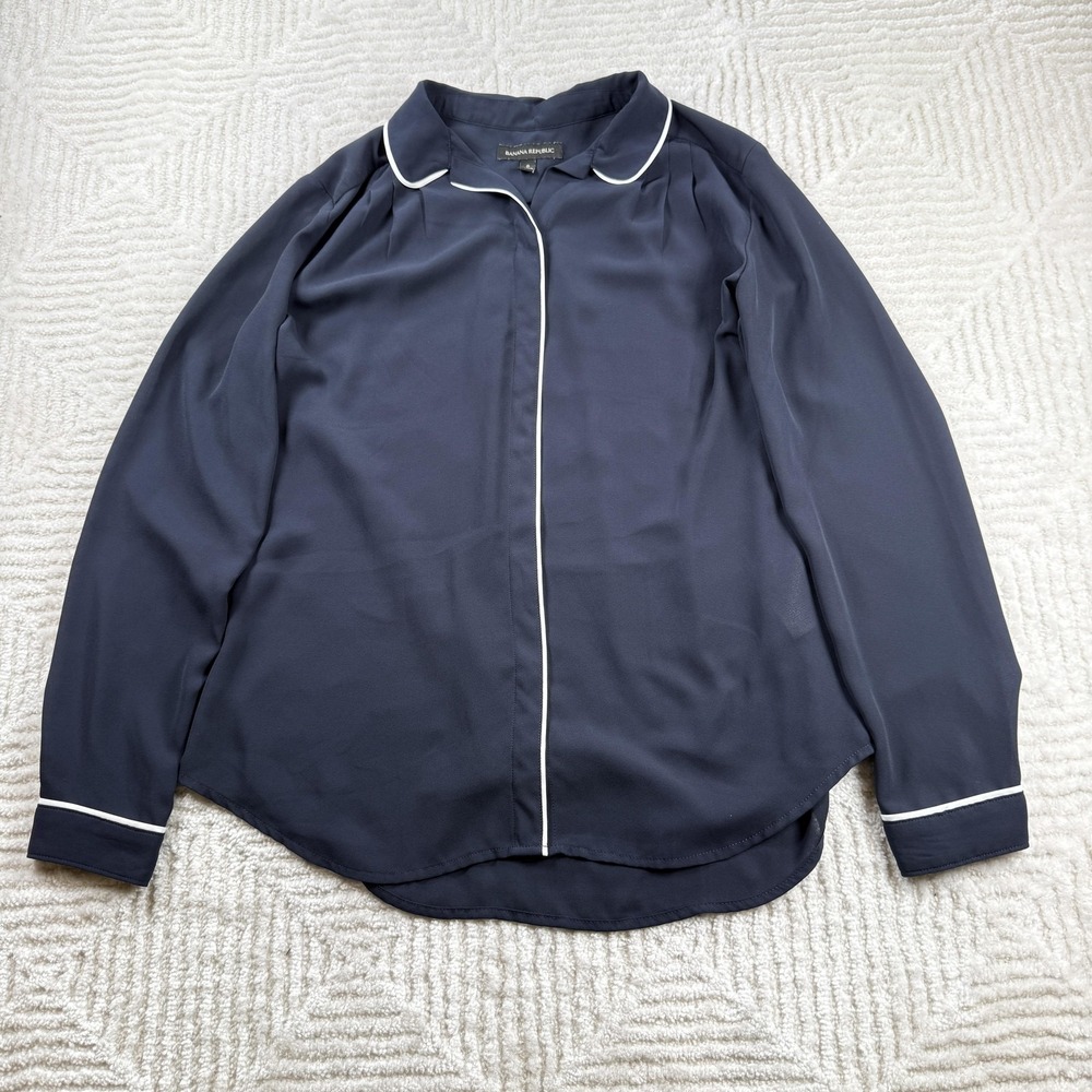 Banana Republic Blouse Womens S Navy PJ Collar Piped Work Office Smart Casuel